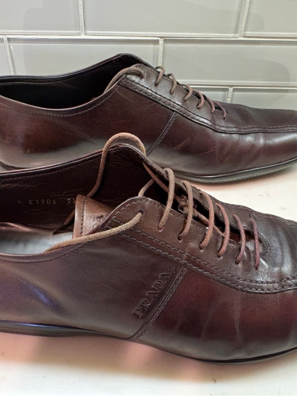 Prada Men's Brown Leather Lace-Up Oxfords - Picture 6 of 16